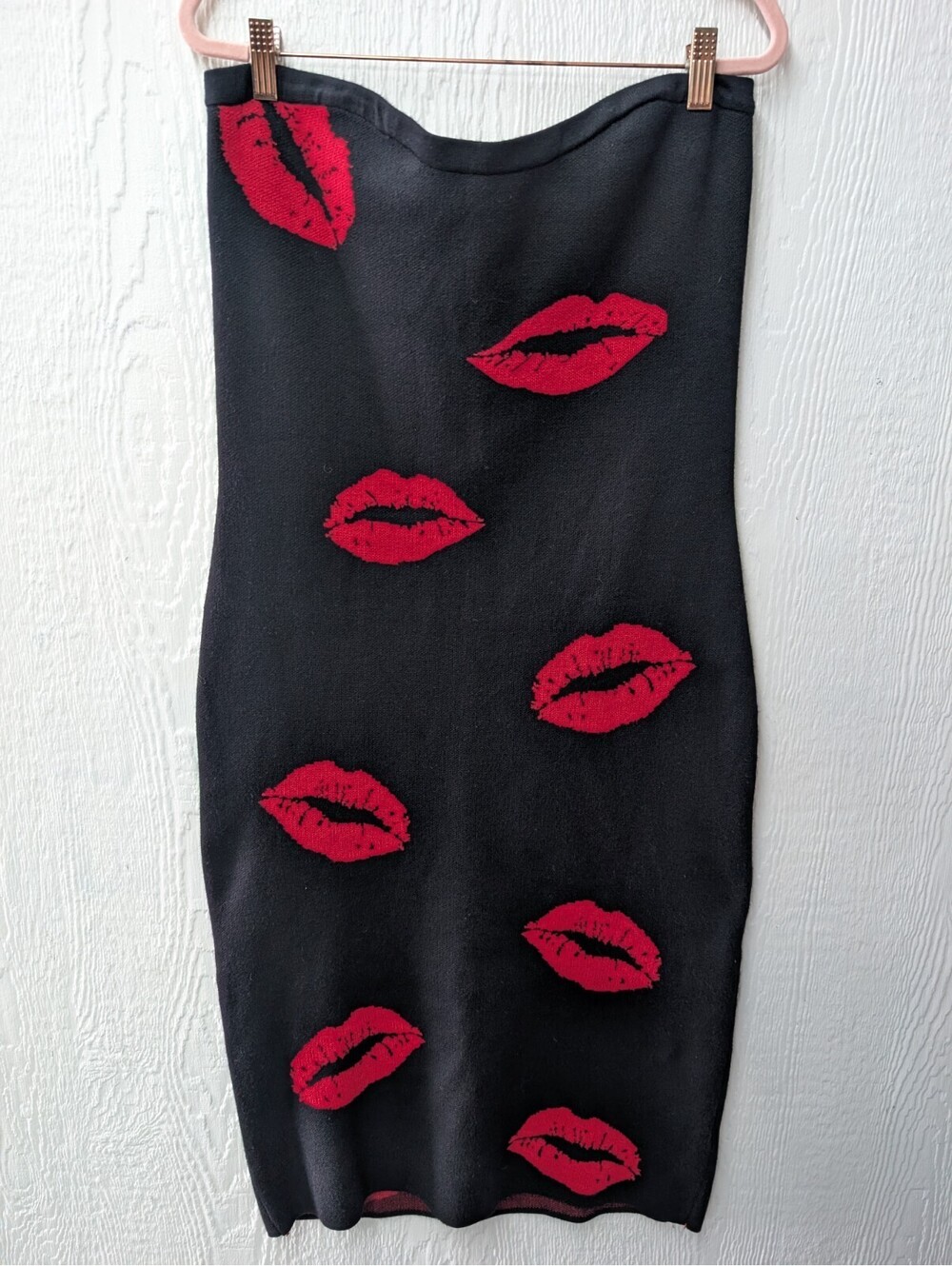Madden Girl Black Knit Strapless Bodycon Midi Dress Red Lips Club Date Romantic